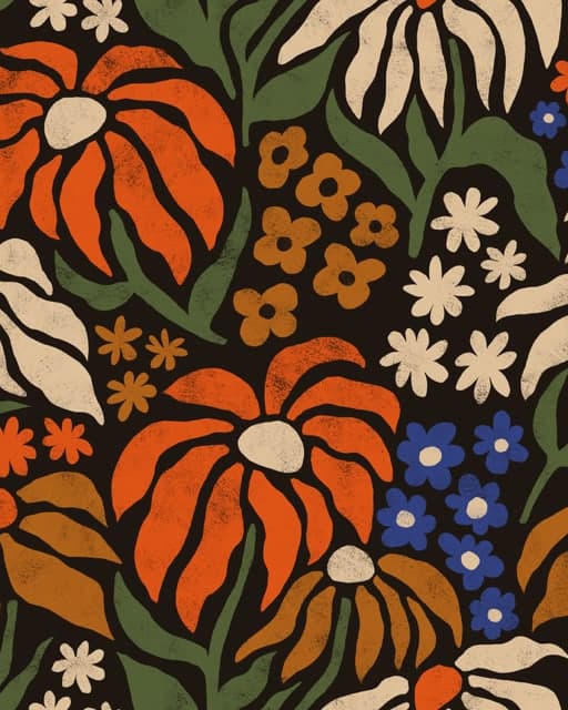 Flores de jardim noturno em ferrugem, ocre e azul sobre preto